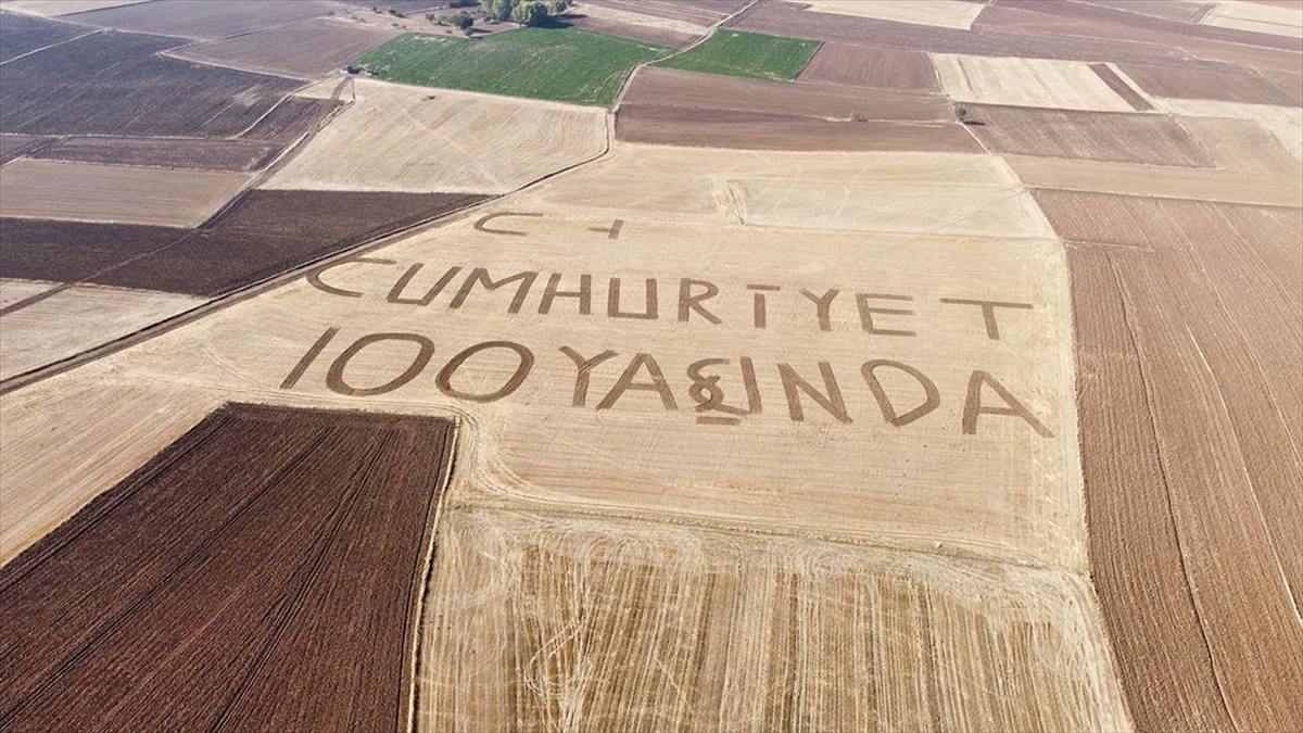 Yozgat'ın Sorgun ilçesinde bir çiftçi, 72 dekarlık tarlasına "Cumhuriyet 100