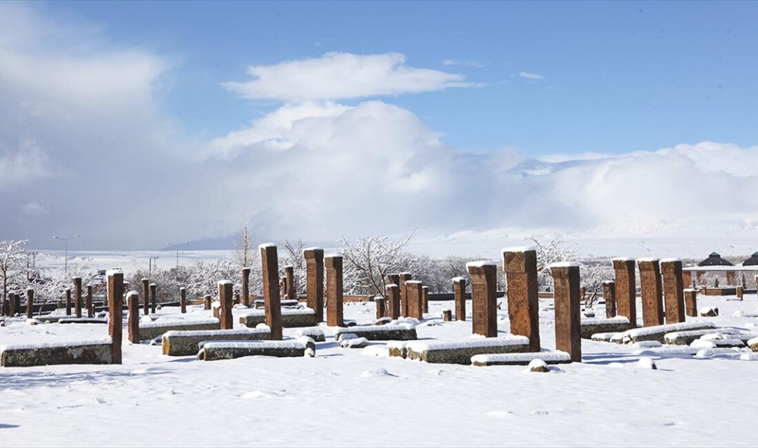 Bitlis'in Ahlat ilçesinde etkili olan kar, tarihi Selçuklu Meydan Mezarlığı'nı
