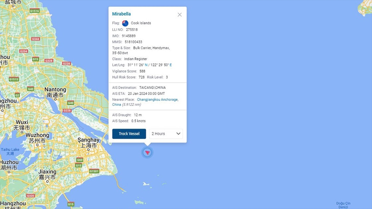 Ulaştırma ve Altyapı Bakanlığı Denizcilik Genel Müdürlüğü, Şangay açıklarında batan