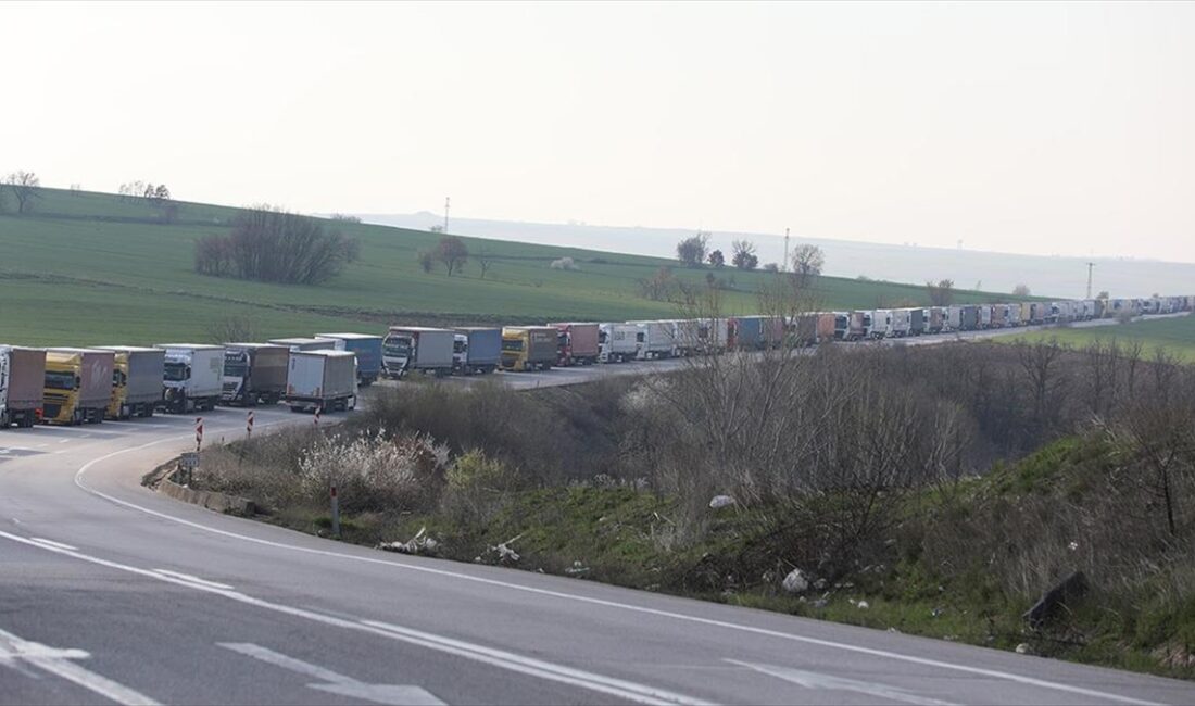 Hamzabeyli Sınır Kapısı'ndan yurt dışına çıkmak için bekleyen tırlar, yaklaşık