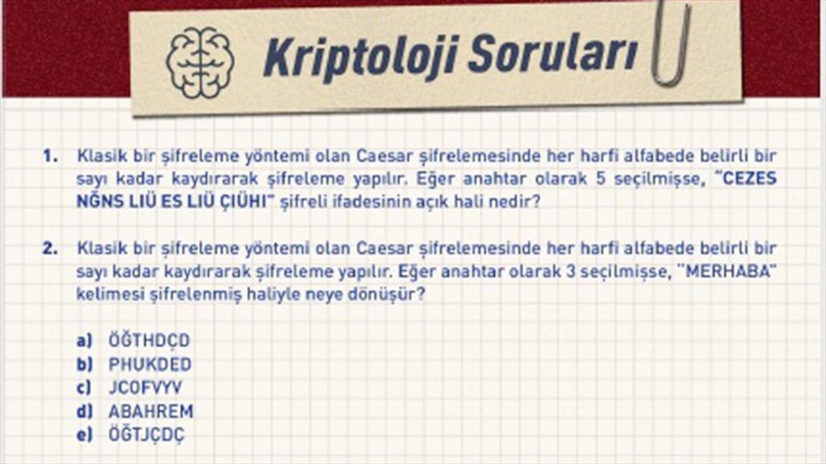 Milli İstihbarat Teşkilatı (MİT), resmi internet sitesinden örnek kriptoloji soruları