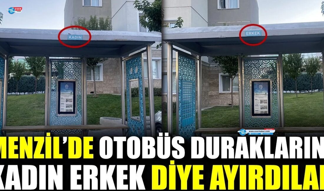 Menzil cemaatinin Adıyaman’daki köyünde otobüs duraklarının kadın – erkek şeklinde