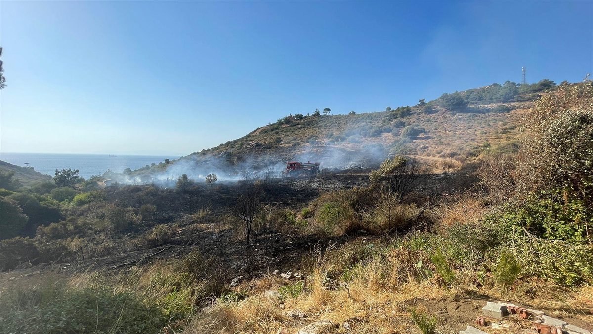 İzmir'in Foça ilçesinde, alev alan otomobilden çıkan kıvılcımların makilik alana