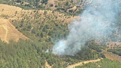 Balıkesir'in Dursunbey ilçesinde çıkan orman yangını, ekiplerin havadan ve karadan