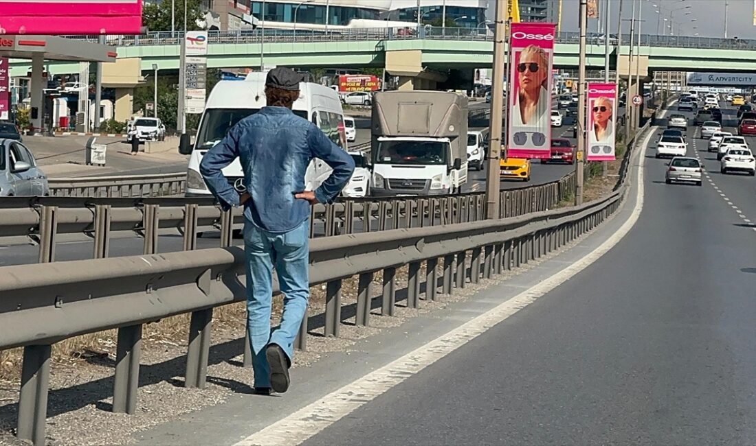 Pendik'te, D-100 kara yolunun kenarında yürüyüş yaptığı anlara ait görüntüleriyle