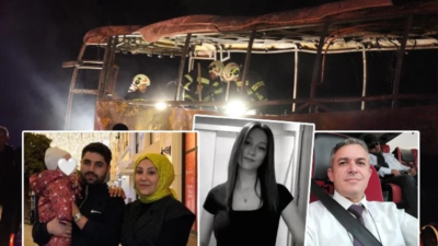 Denizli-Aydın Otoyolu Sarayköy ilçesinde yolcu otobüsünün bariyerlere çarparak alev alması