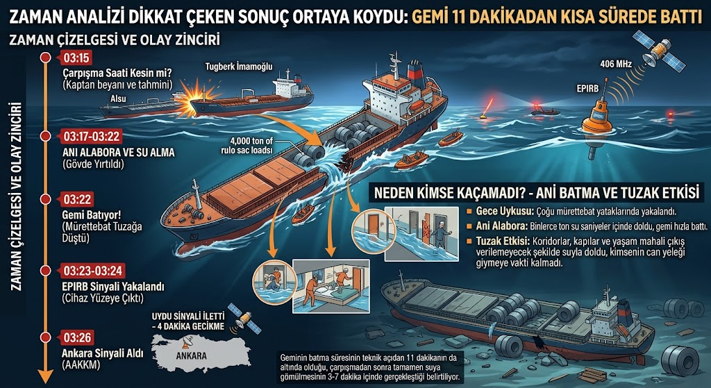 Gemi 11 Dakikadan da Kısa Sürede Battı mı? Zaman Analizi Dikkat Çeken Sonuç Ortaya Koydu Yürütülen değerlendirmeye göre, geminin batma süresinin denizcilik teknikleri açısından 11